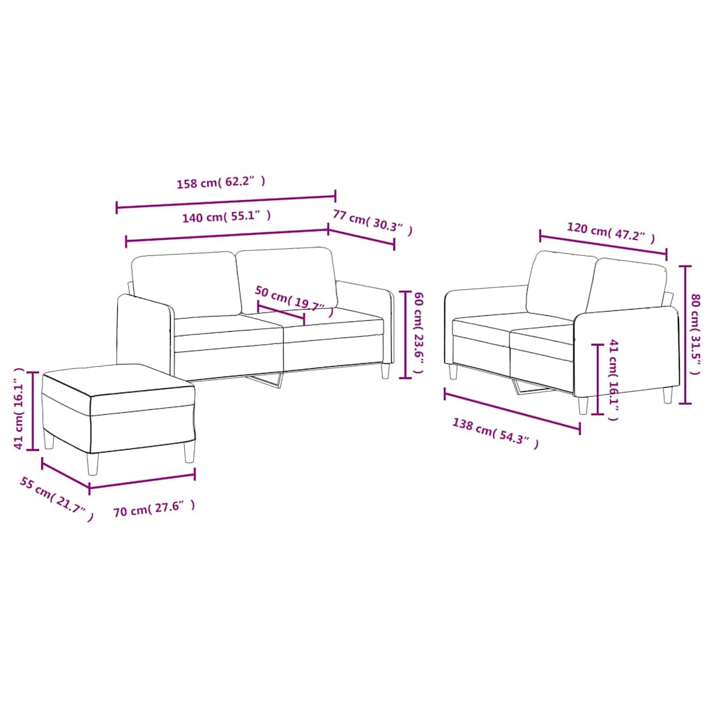 Σαλόνι Σετ 3 Τεμαχίων Καφέ από Βελούδο - Pakobazaar