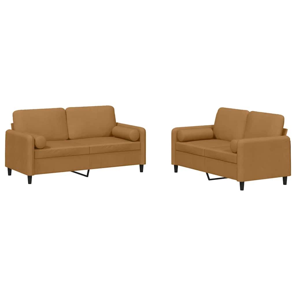 Σετ Σαλονιού 2 Τεμαχίων Καφέ Βελούδινο με Μαξιλάρια