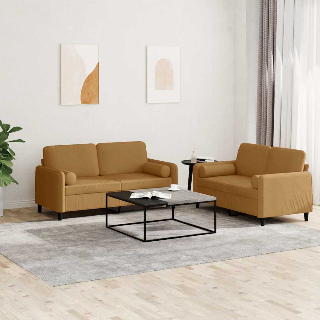 Σετ Σαλονιού 2 Τεμαχίων Καφέ Βελούδινο με Μαξιλάρια