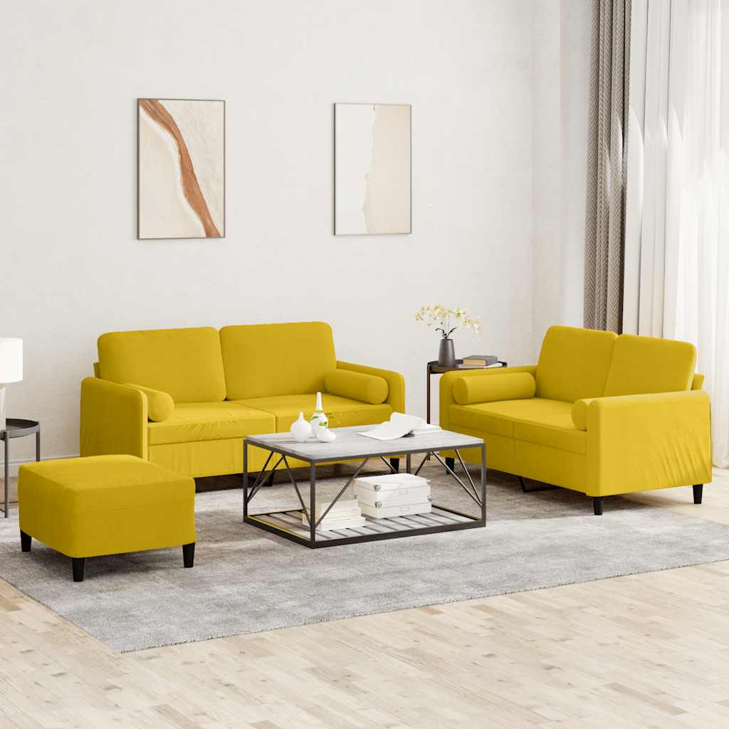 Σαλόνι Σετ 3 Τεμαχίων Κίτρινο από Βελούδο με Μαξιλάρια