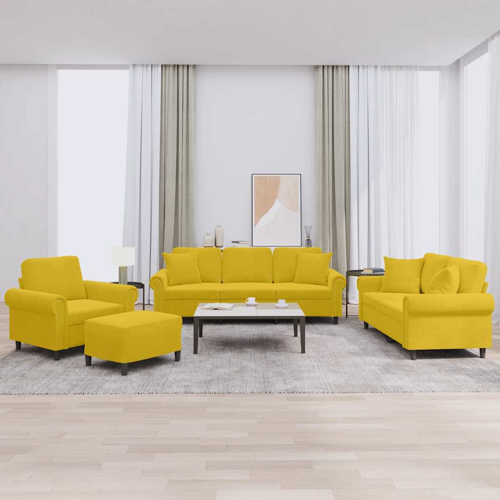 Σαλόνι Σετ 4 Τεμαχίων Κίτρινο από Βελούδο με Μαξιλάρια