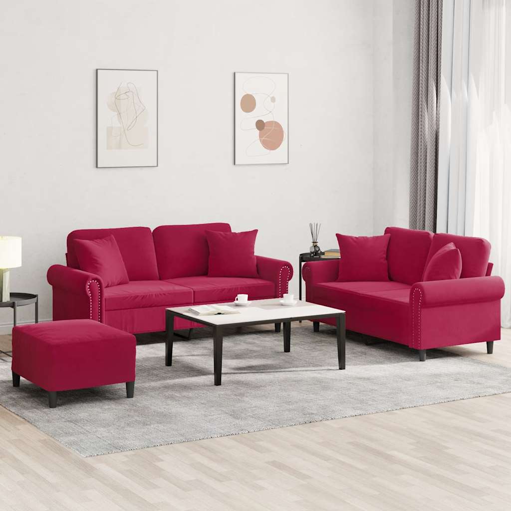 Σετ Σαλονιού 3 Τεμαχίων Μπορντό Βελούδινες με Μαξιλάρια