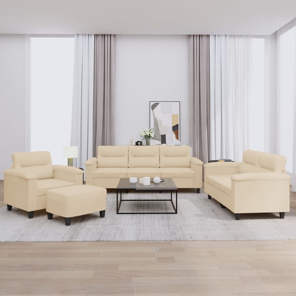 Σετ Σαλονιού 4 Τεμαχίων Κρεμ από Ύφασμα Μικροϊνών με Μαξιλάρια