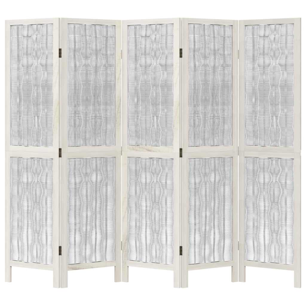 Διαχωριστικό Χώρου με 5 Πάνελ Λευκό από Μασίφ Ξύλο Παυλώνιας