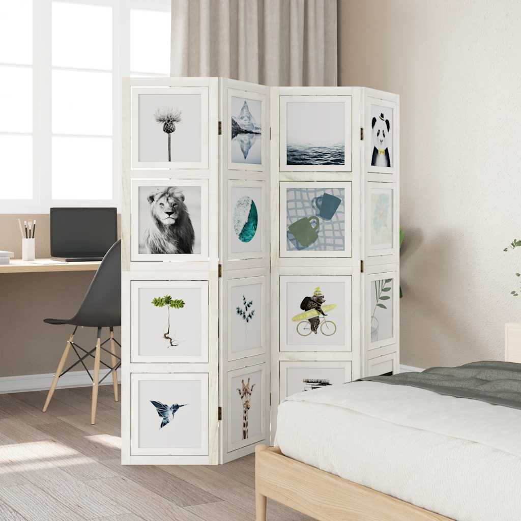 Διαχωριστικό Χώρου με 4 Πάνελ Λευκό από Μασίφ Ξύλο Παυλώνιας