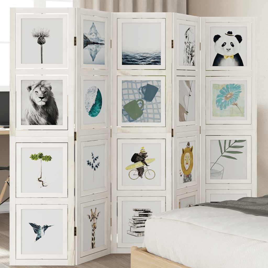 Διαχωριστικό Χώρου με 5 Πάνελ Λευκό από Μασίφ Ξύλο Παυλώνιας