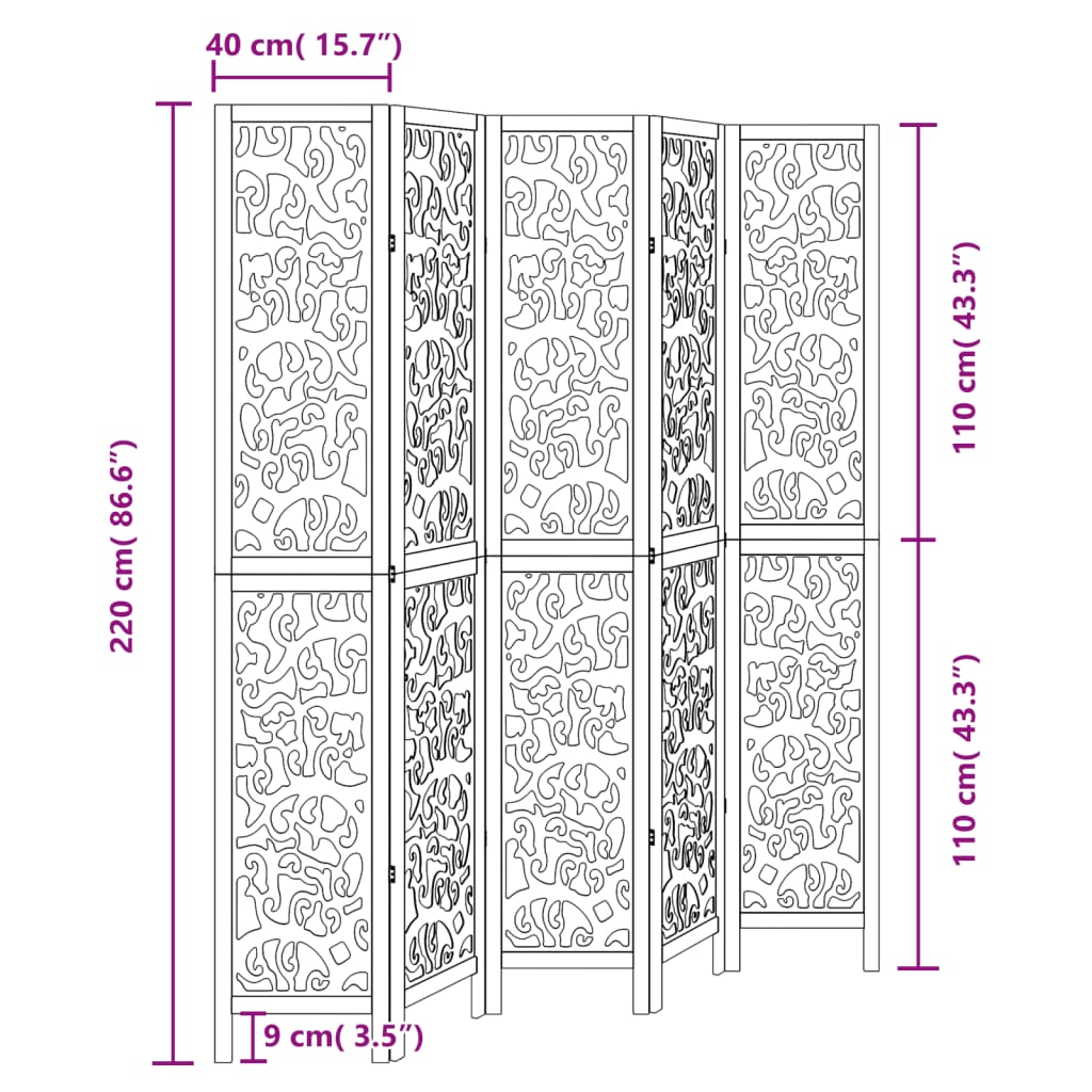 Διαχωριστικό Χώρου με 5 Πάνελ Μαύρο από Μασίφ Ξύλο Παυλώνιας - Pakobazaar