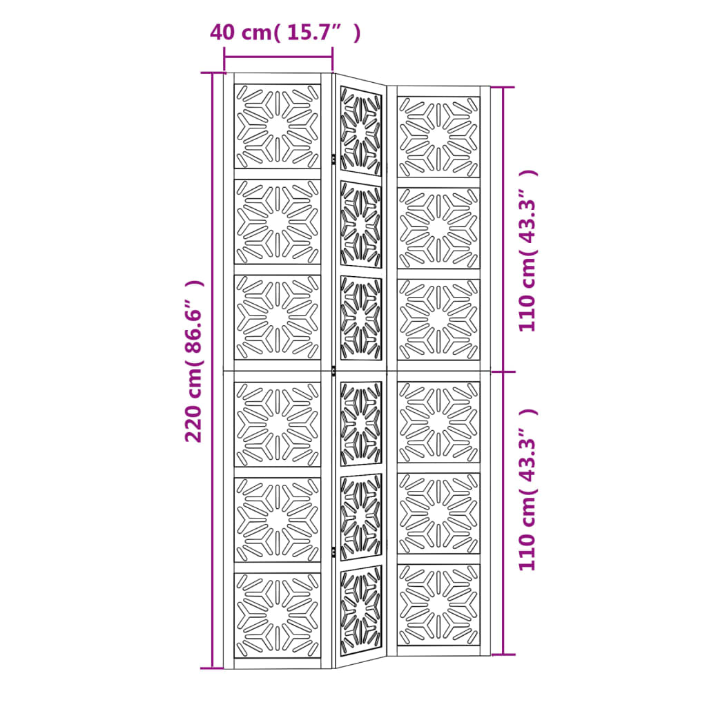 Διαχωριστικό Χώρου με 3 Πάνελ Καφέ/Μαύρο Μασίφ Ξύλο Παυλώνιας - Pakobazaar