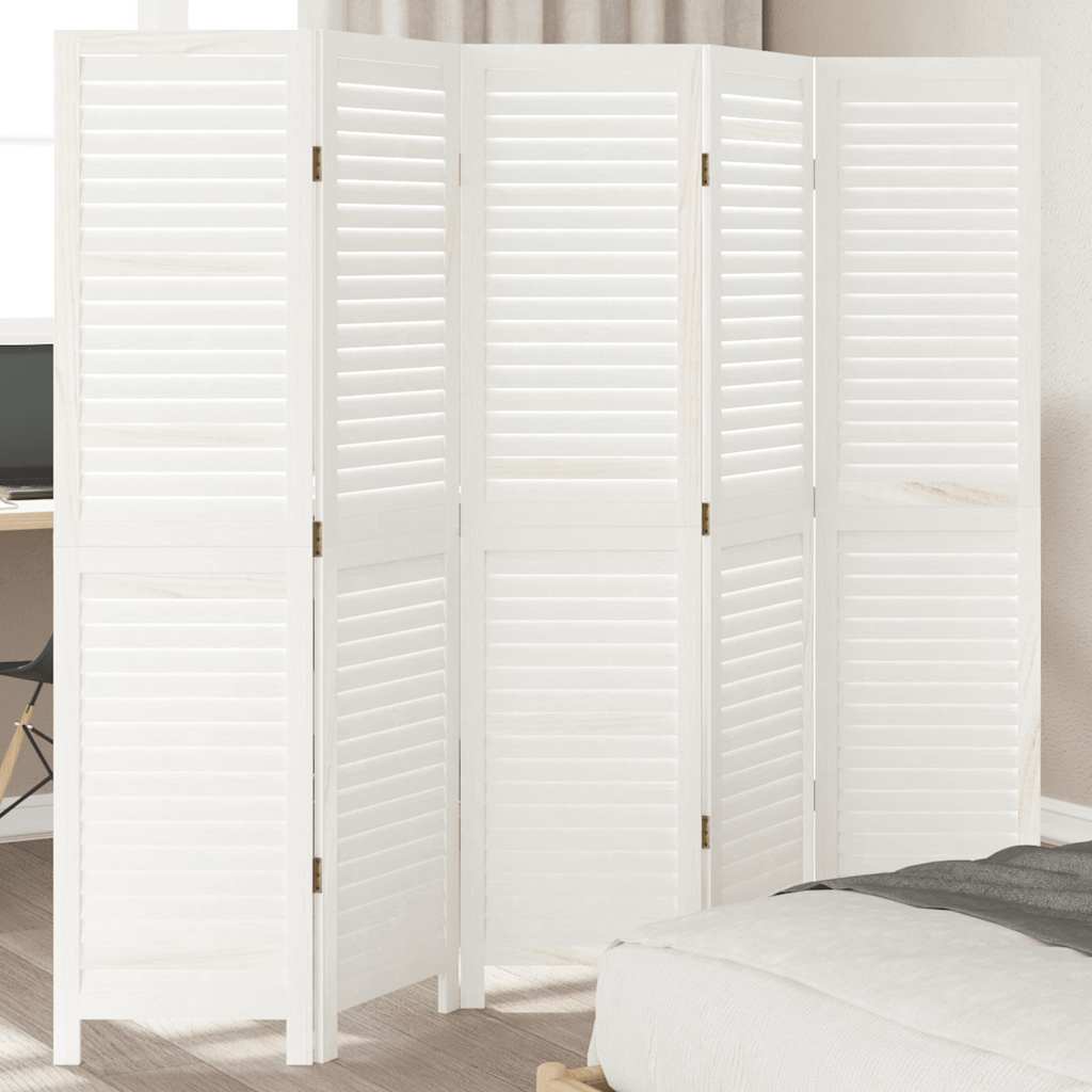 Διαχωριστικό Χώρου με 5 Πάνελ Λευκό από Μασίφ Ξύλο Παυλώνιας - Pakobazaar