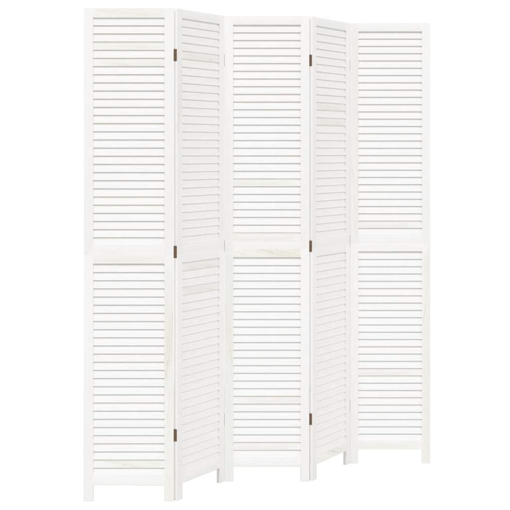 Διαχωριστικό Χώρου με 5 Πάνελ Λευκό από Μασίφ Ξύλο Παυλώνιας