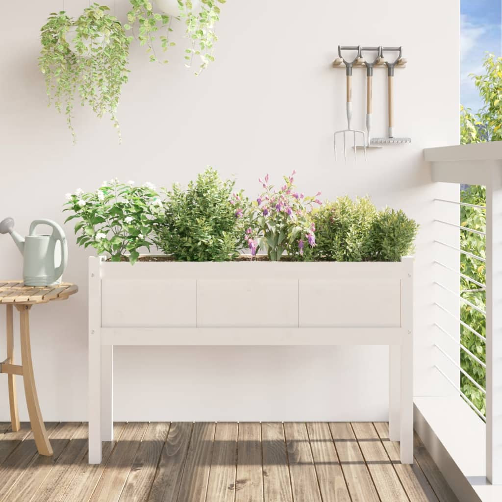 Ζαρντινιέρα με Πόδια Λευκή 110x31x70 εκ. από Μασίφ Ξύλο Πεύκου