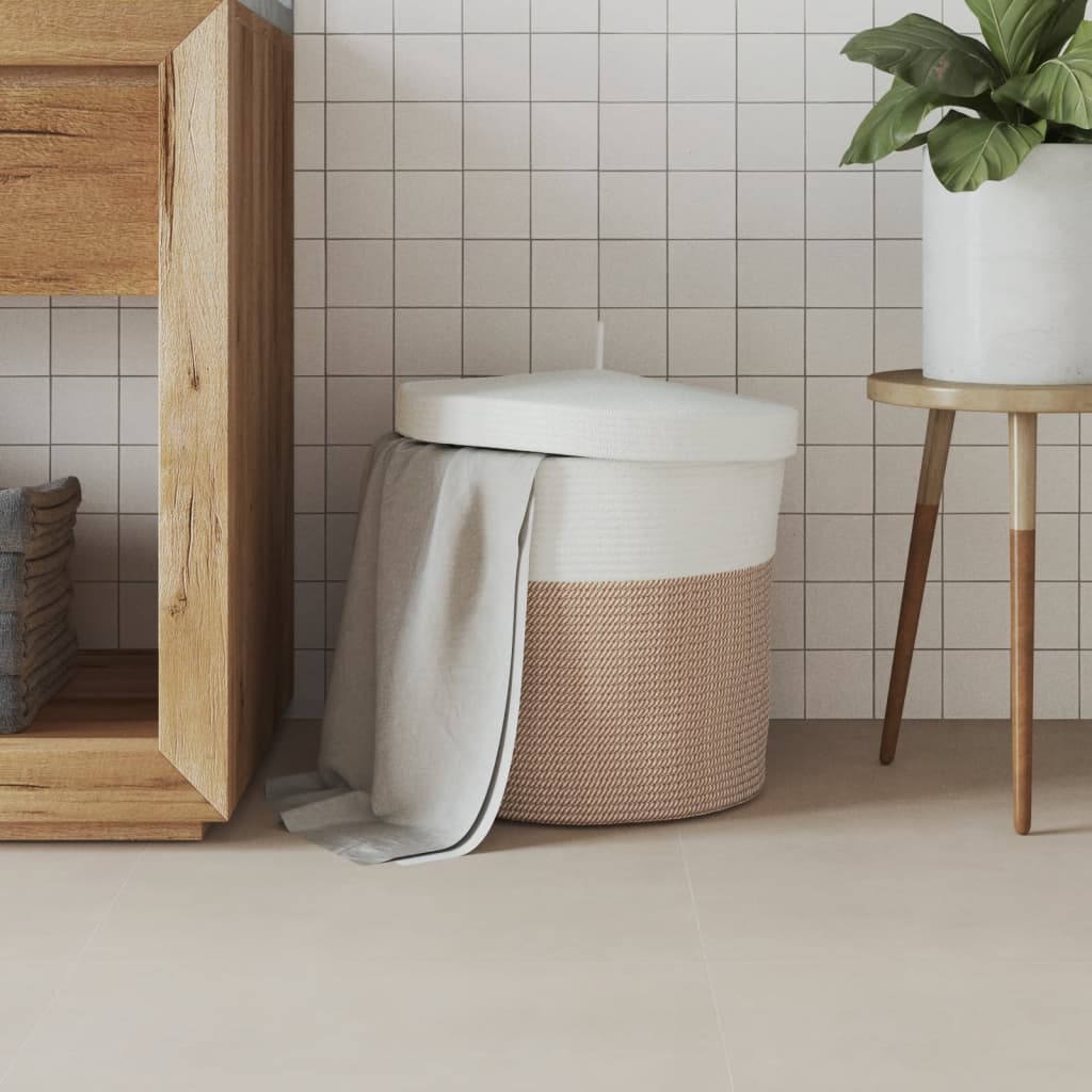 Καλάθι Αποθήκευσης με Καπάκι Καφέ/Λευκό Ø40x35 εκ. Βαμβακερό