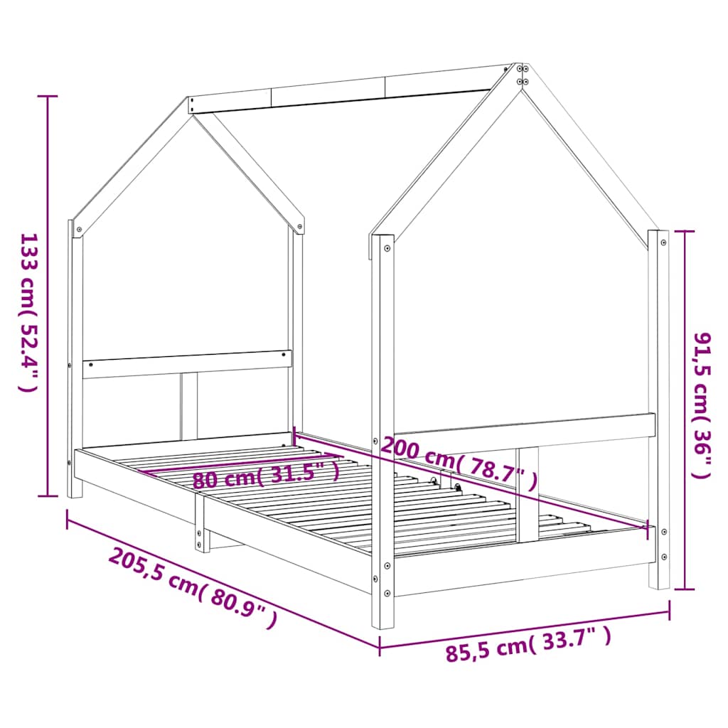 Πλαίσιο Παιδικού Κρεβατιού 80 x 200 εκ. από Μασίφ Ξύλο Πεύκου - Pakobazaar
