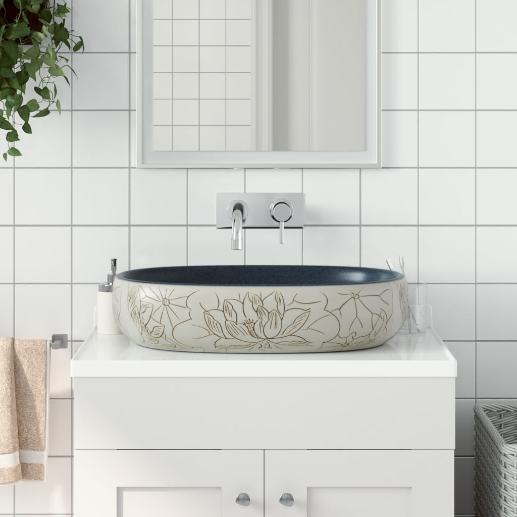 Νιπτήρας Οβάλ Χρώμα Άμμου και Μπλε 59 x 40 x 14 εκ. Κεραμικός - PAKOBAZAAR