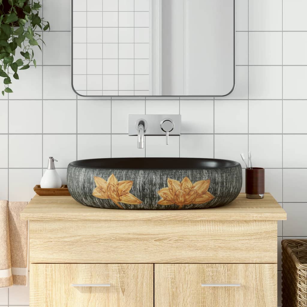 Νιπτήρας Οβάλ Γκρι και Μαύρος 59 x 40 x 14 εκ. Κεραμικός - Pakobazaar
