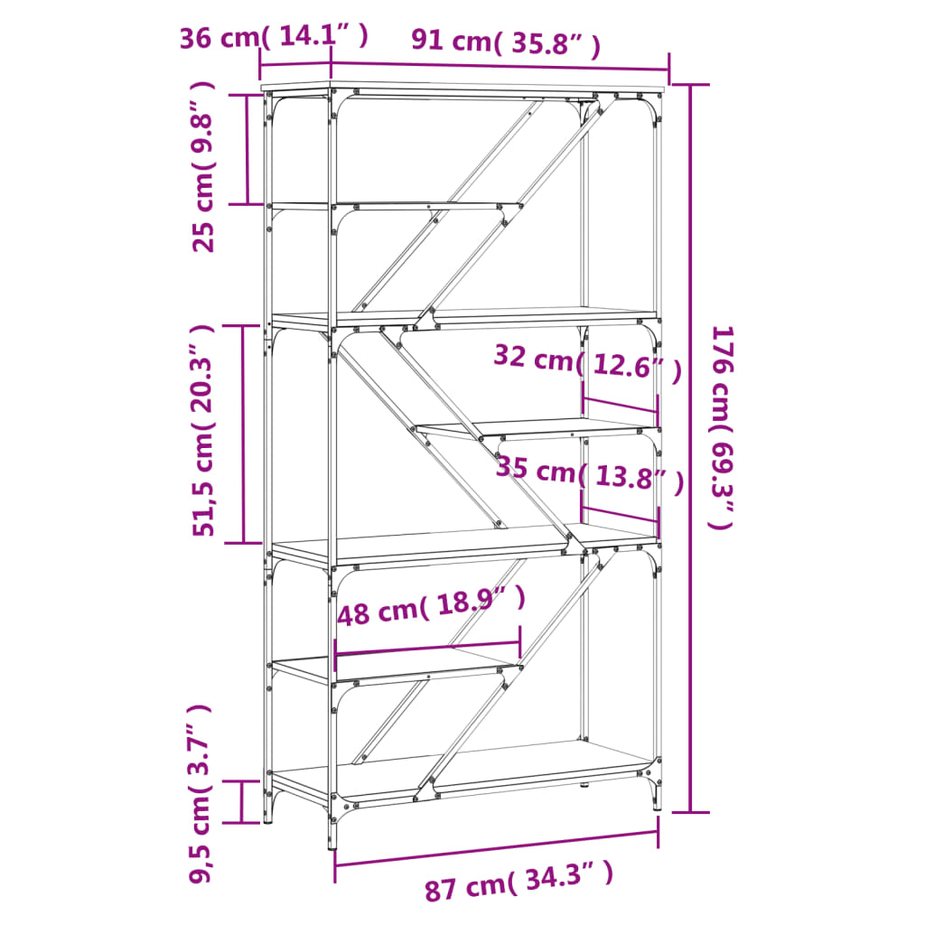 Βιβλιοθήκη Καπνιστή Δρυς 91 x 36 x 176 εκ. Επεξεργ. Ξύλο/Ατσάλι - Pakobazaar
