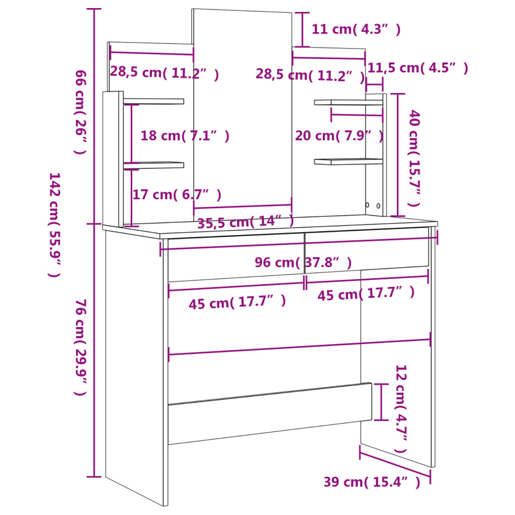 Μπουντουάρ με Καθρέφτη Καπνιστή Δρυς 96 x 39 x 142 εκ.