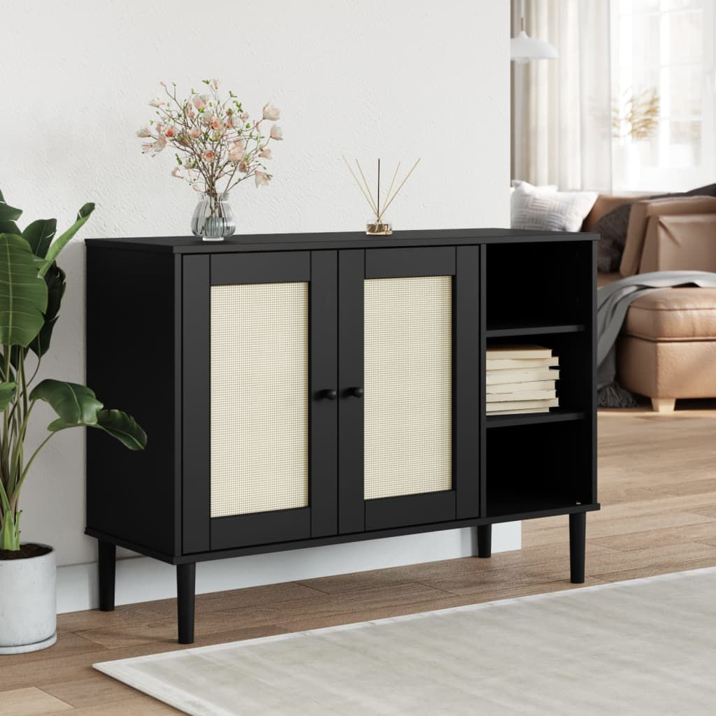 Μπουφές SENJA Μαύρο / Ρατάν 112 x 40 x 80 εκ. Μασίφ Ξύλο Πεύκου - Pakobazaar