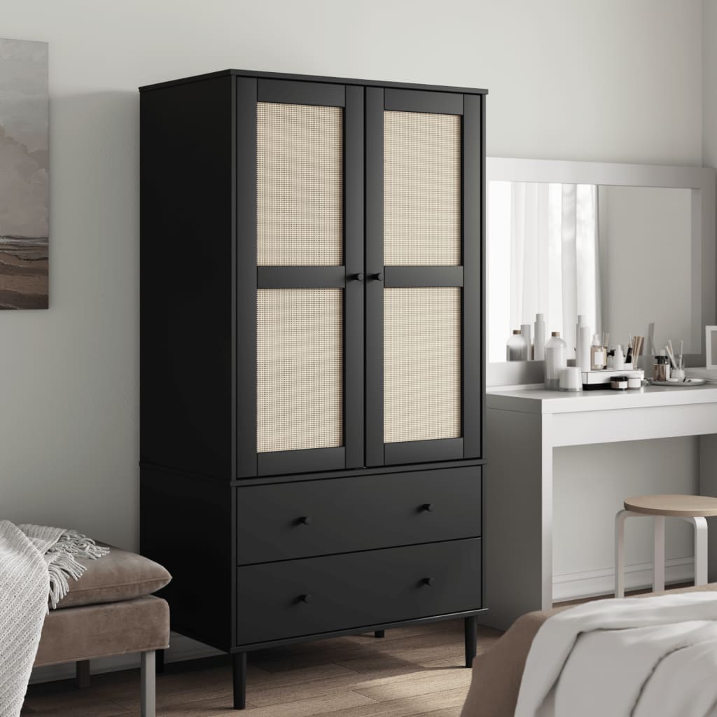 Ντουλάπα SENJA Μαύρο / Ρατάν 90 x 55 x 175εκ. Μασίφ Ξύλο Πεύκου - Pakobazaar