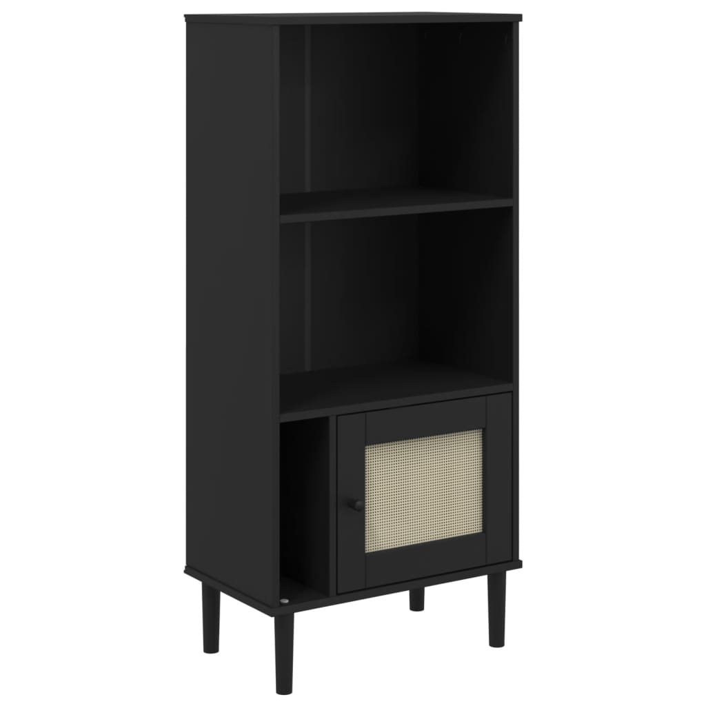 Βιβλιοθήκη SENJA Μαύρο / Ρατάν 60x35x130 εκ. Μασίφ Ξύλο Πεύκου