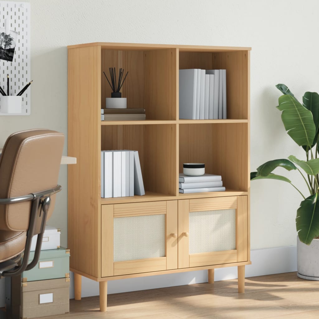 Βιβλιοθήκη SENJA Καφέ/Όψη Ρατάν 90x35x130 εκ Μασίφ Ξύλο Πεύκου