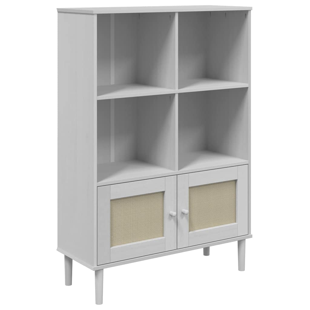 Βιβλιοθήκη SENJA Λευκή/Όψη Ρατάν 90x35x130 εκ Μασίφ Ξύλο Πεύκου