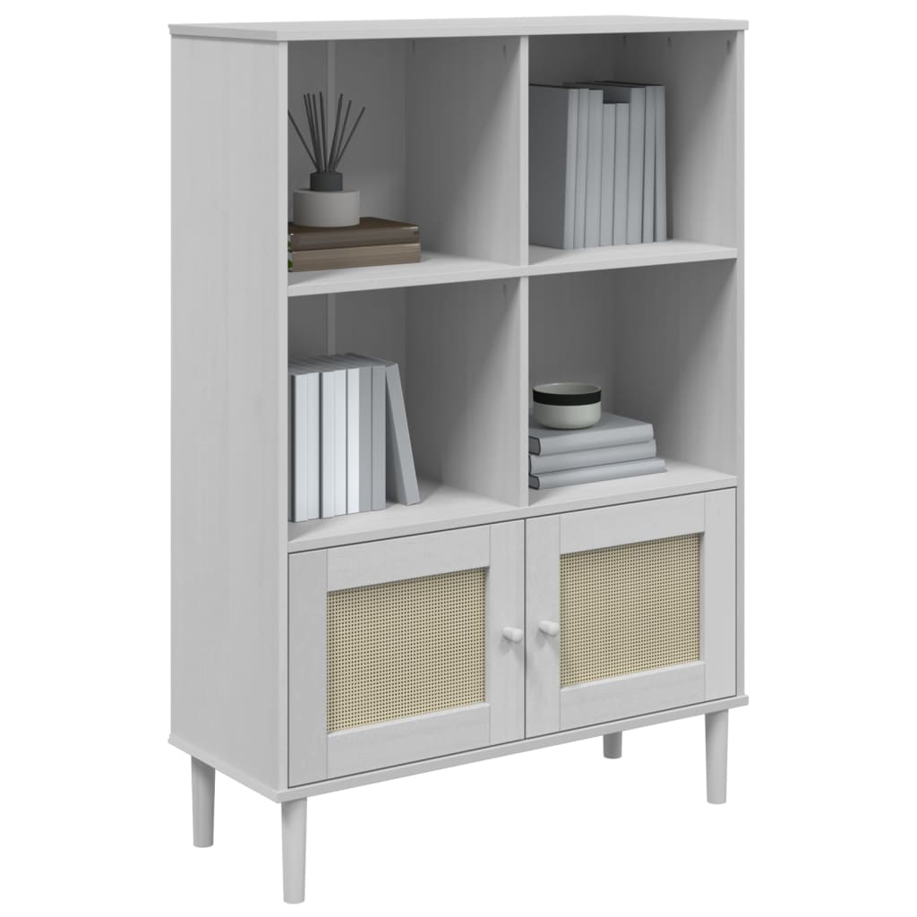 Βιβλιοθήκη SENJA Λευκή/Όψη Ρατάν 90x35x130 εκ Μασίφ Ξύλο Πεύκου