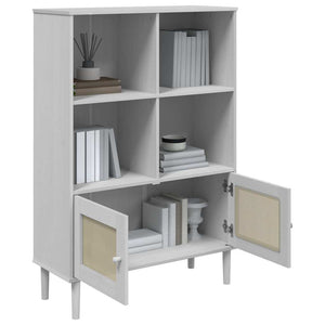 Βιβλιοθήκη SENJA Λευκή/Όψη Ρατάν 90x35x130 εκ Μασίφ Ξύλο Πεύκου
