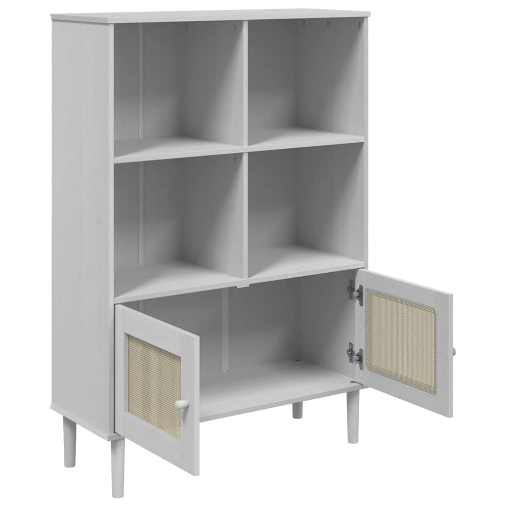 Βιβλιοθήκη SENJA Λευκή/Όψη Ρατάν 90x35x130 εκ Μασίφ Ξύλο Πεύκου