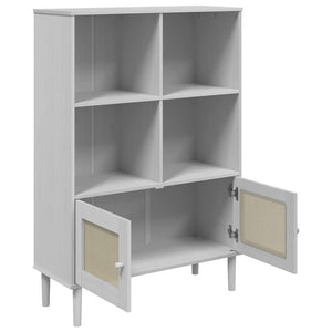 Βιβλιοθήκη SENJA Λευκή/Όψη Ρατάν 90x35x130 εκ Μασίφ Ξύλο Πεύκου