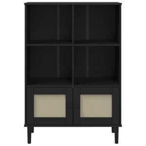 Βιβλιοθήκη SENJA Μαύρο / Ρατάν 90x35x130 εκ. Μασίφ Ξύλο Πεύκου