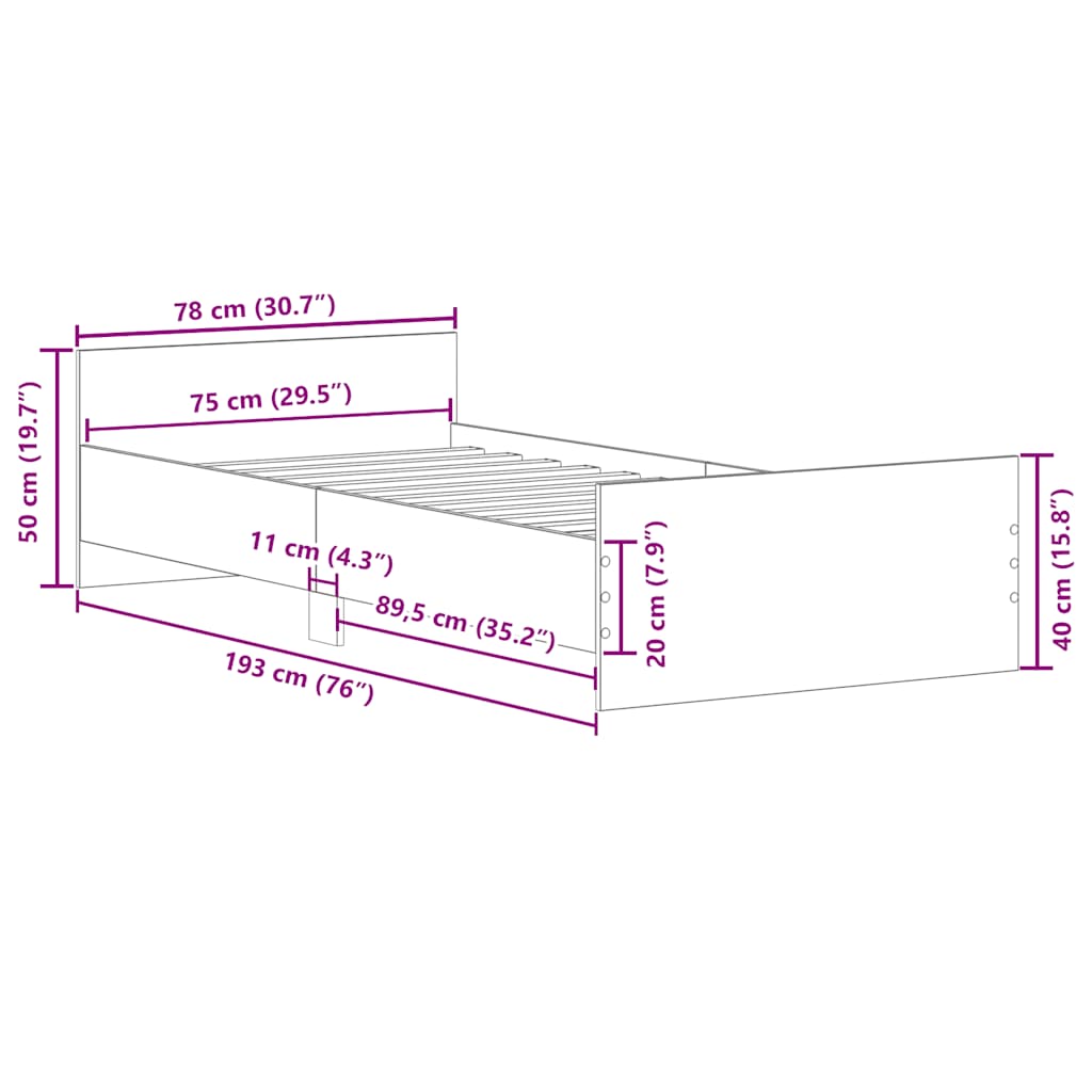Πλαίσιο Κρεβατιού Γκρι Sonoma 75x190 εκ Επεξ. Ξύλο Small Single