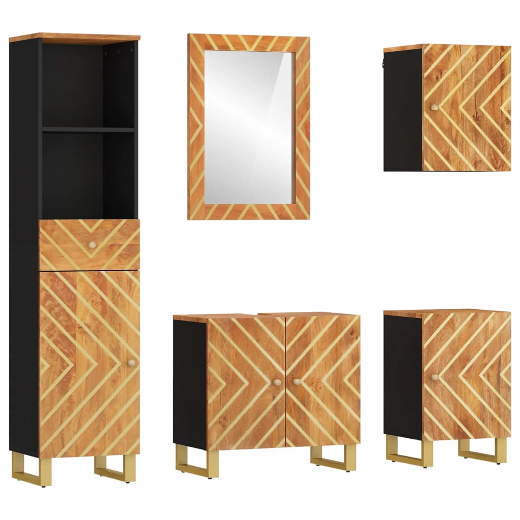 Ντουλάπι Μπάνιου Σετ 5 Τεμ. Καφέ/Μαύρο Μασίφ Ξύλο Μάνγκο