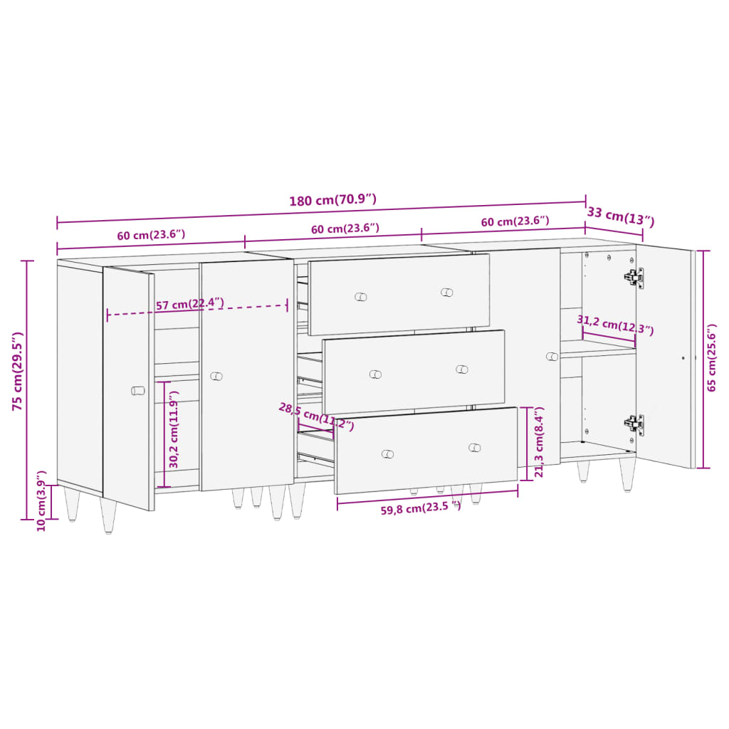 Βοηθητικά Ντουλάπια 3 Τεμ. 60x33x75 εκ. από Μασίφ Ξύλο Μάνγκο