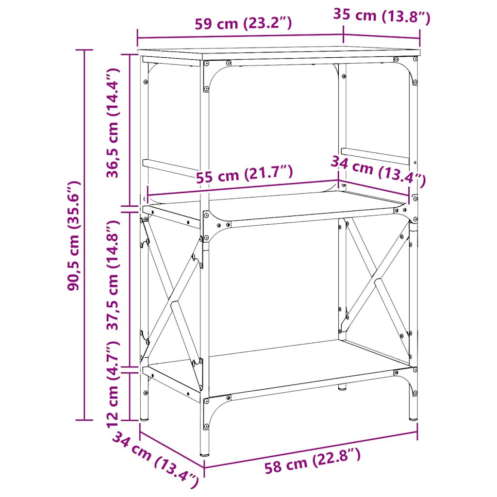 Βιβλιοθήκη 3 Επιπέδων Μαύρη 59x35x90,5 εκ. Επεξεργασμένο Ξύλο