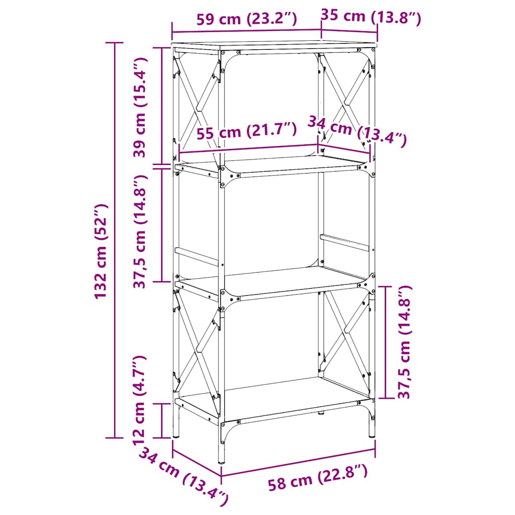 Βιβλιοθήκη 4 Επιπέδων Καπνιστή Δρυς 59x35x132 εκ. Επεξεργ. Ξύλο