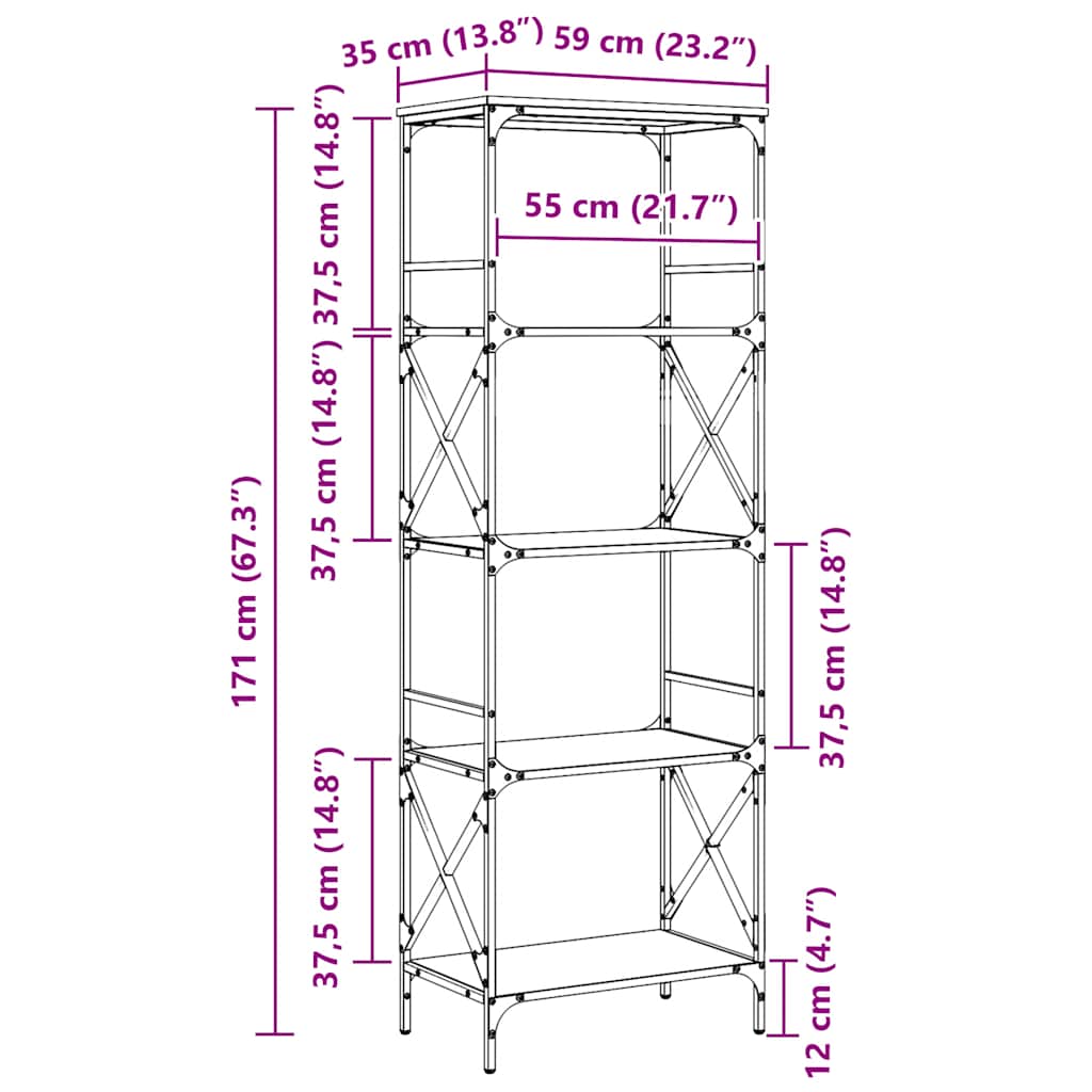 Βιβλιοθήκη 5 Επιπέδων Καφέ Δρυς 59 x 35 x 171 εκ. Επεξεργ. Ξύλο