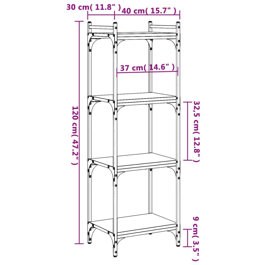 Βιβλιοθήκη 4 Επιπέδων Μαύρη 40 x 30 x 120 εκ. από Επεξεργ. Ξύλο - Pakobazaar