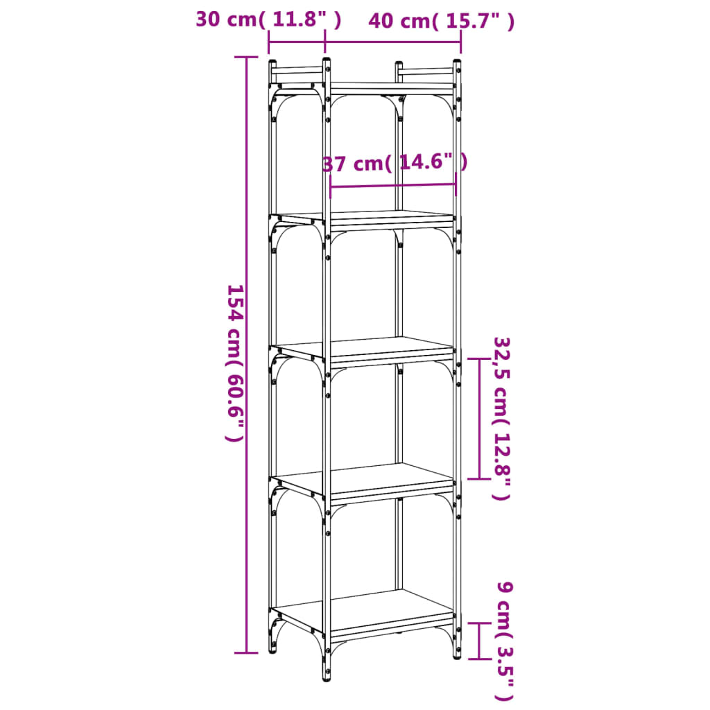 Βιβλιοθήκη 5 Επιπέδων Γκρι Sonoma 40x30x154 εκ. Επεξεργ. Ξύλο