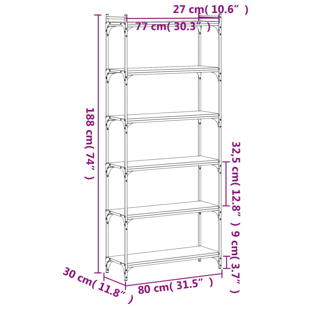 Βιβλιοθήκη 6 Επιπέδων Sonoma Δρυς 80x30x188 εκ. Επεξεργ. Ξύλο - Pakobazaar