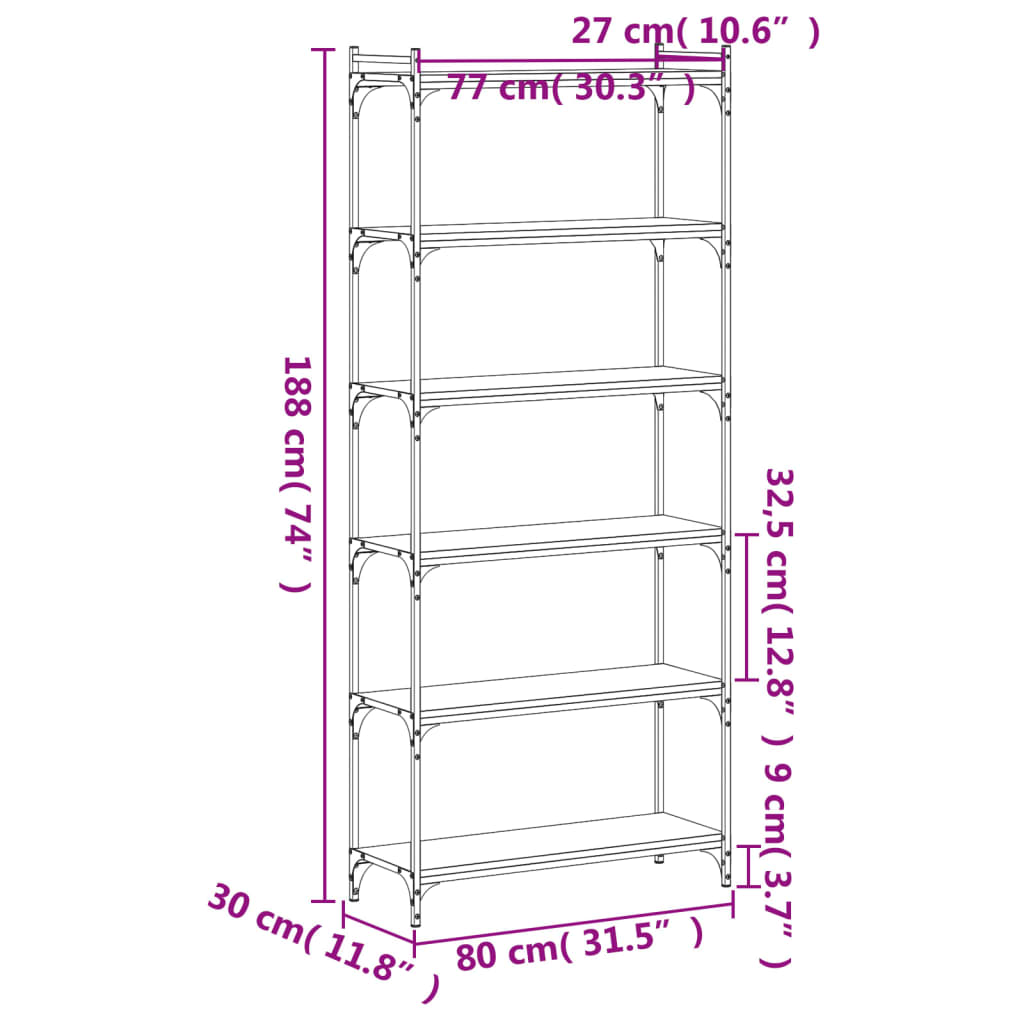 Βιβλιοθήκη 6 Επιπέδων Καφέ Δρυς 80 x 30 x 188 εκ. Επεξεργ. Ξύλο