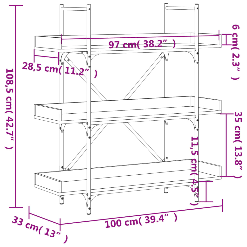 Βιβλιοθήκη 3 Επιπέδων Καφέ Δρυς 100x33x108,5 εκ. Επεξεργ. Ξύλο