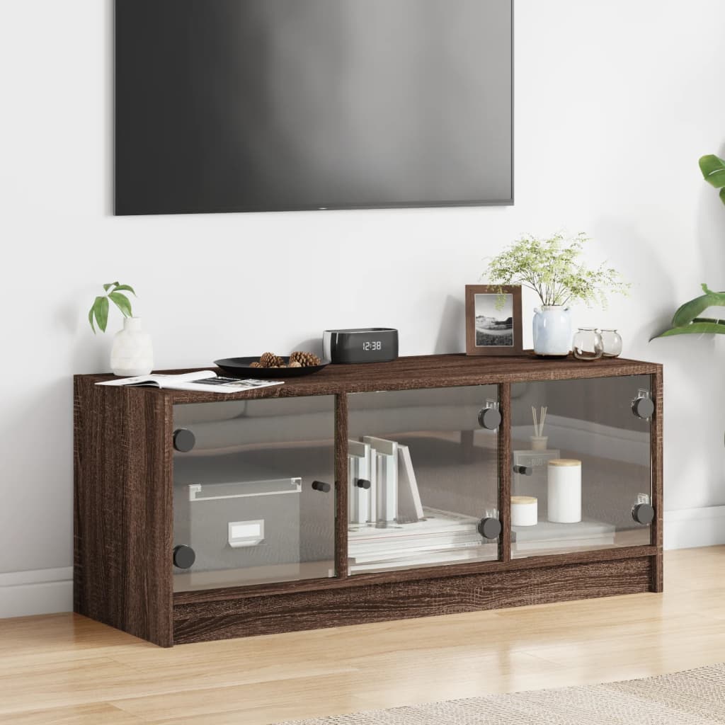 Έπιπλο Τηλεόρασης Καφέ Δρυς 102x37x42 εκ. Γυάλινες Πόρτες - Pakobazaar