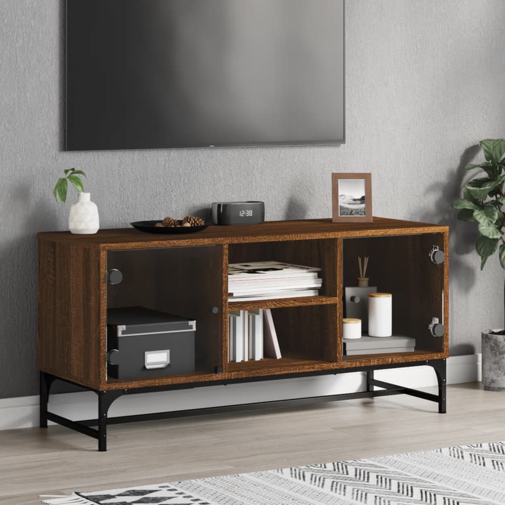 Έπιπλο Τηλεόρασης Καφέ Δρυς 102x37x50 εκ. Γυάλινες Πόρτες