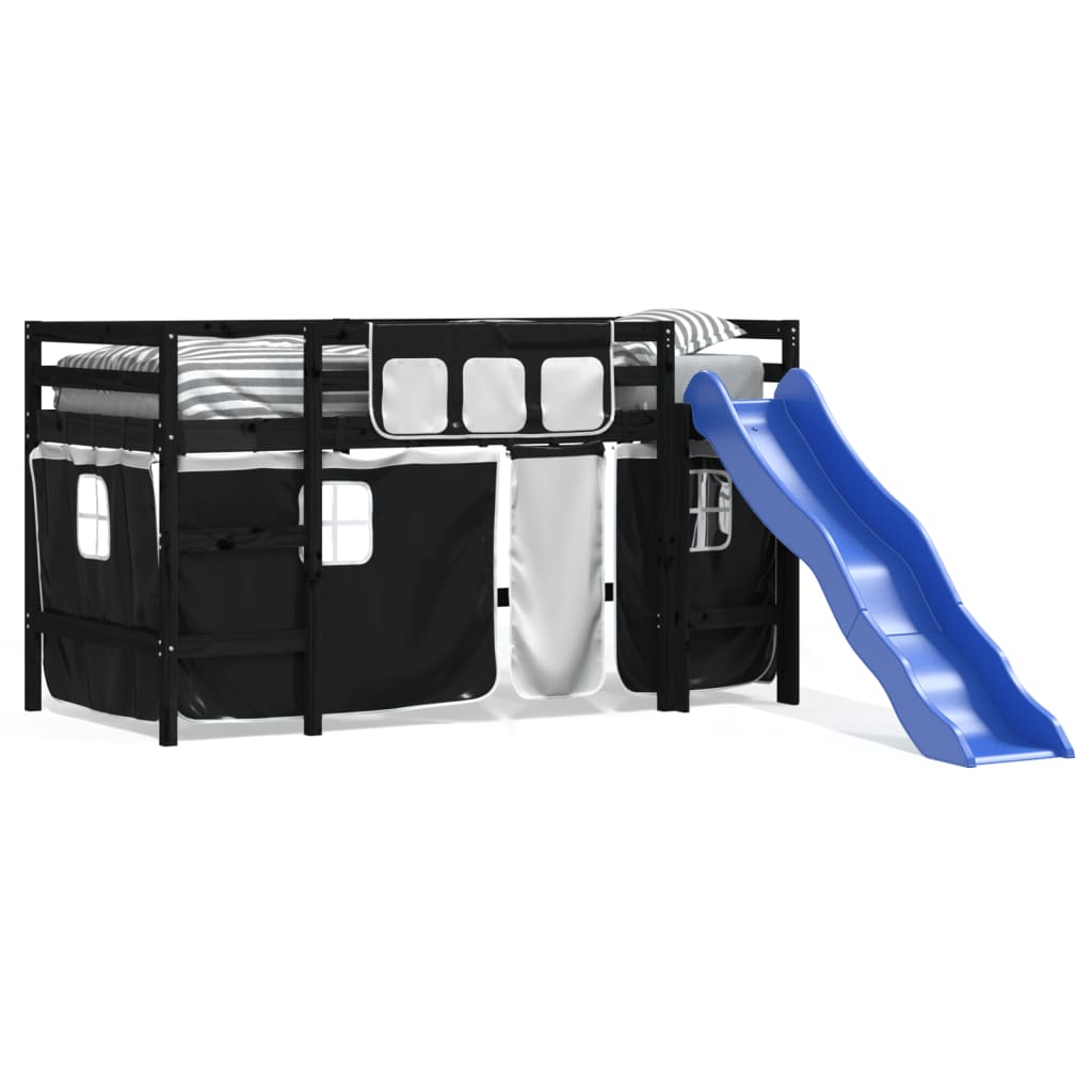 Υπερυψ. Κρεβάτι με Κουρτίνες Λευκό/Μαύρο 80x200 εκ. Μασίφ Πεύκο