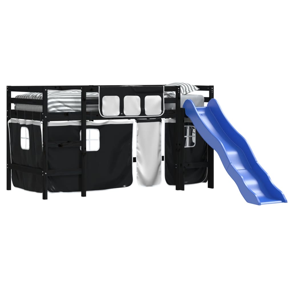 Υπερυψ. Κρεβάτι με Κουρτίνες Λευκό/Μαύρο 80x200 εκ. Μασίφ Πεύκο