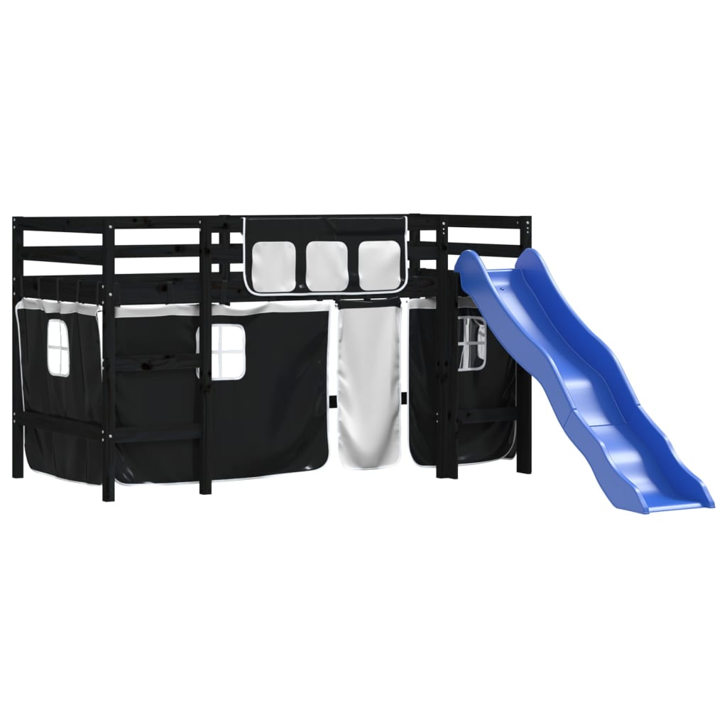 Υπερυψ. Κρεβάτι με Κουρτίνες Λευκό/Μαύρο 80x200 εκ. Μασίφ Πεύκο