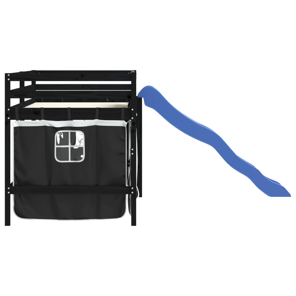 Υπερυψ. Κρεβάτι με Κουρτίνες Λευκό/Μαύρο 80x200 εκ. Μασίφ Πεύκο