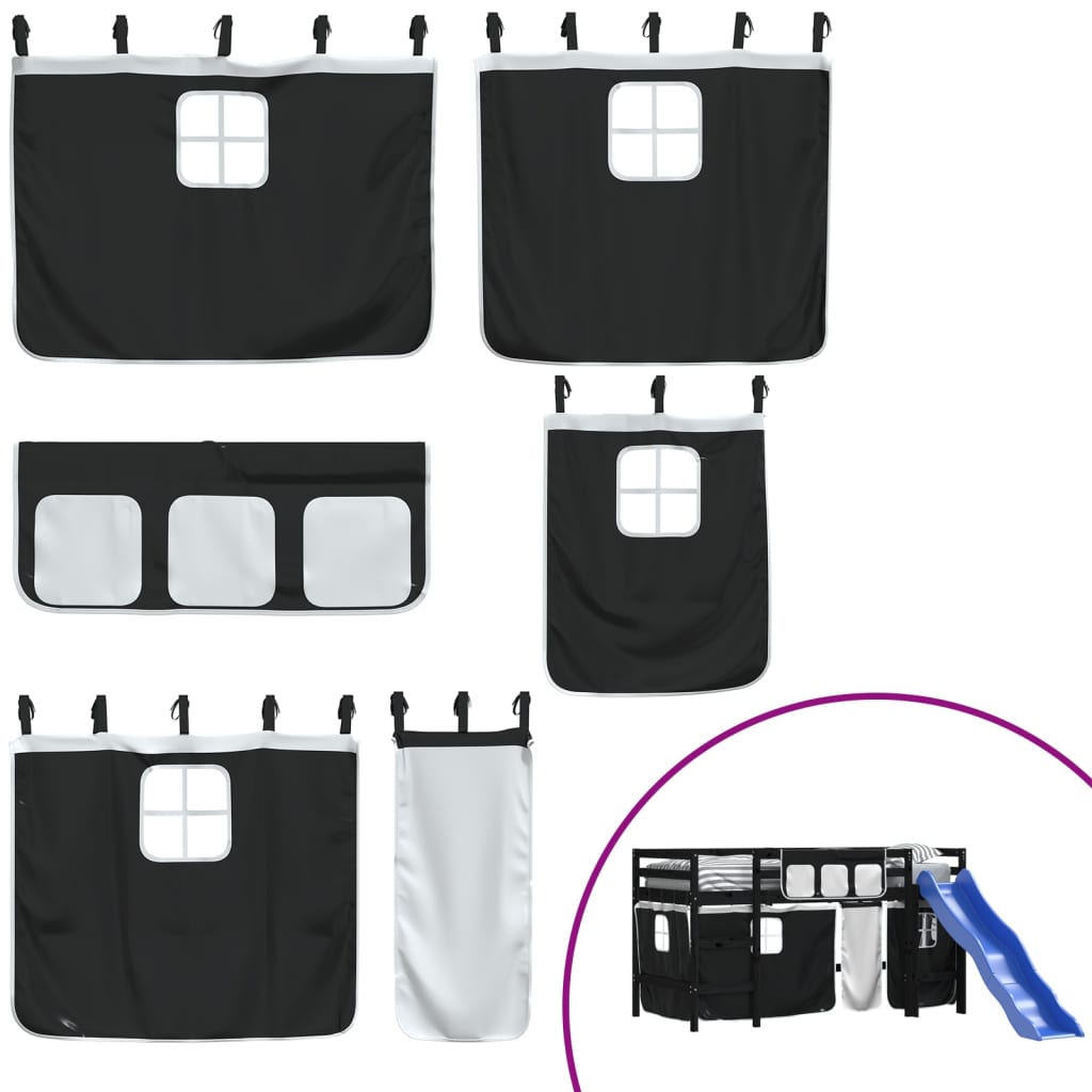 Υπερυψ. Κρεβάτι με Κουρτίνες Λευκό/Μαύρο 80x200 εκ. Μασίφ Πεύκο