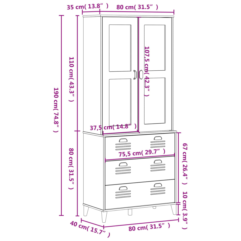 Ντουλάπι Ψηλό VIKEN Μαύρος 80x40x190 εκ. από Μασίφ Ξύλο Πεύκου